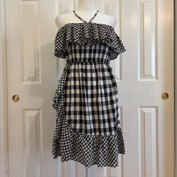J. Crew Black/White Gingham Ruffle Halter Mini Dress Size Small - Picture 1 of 9